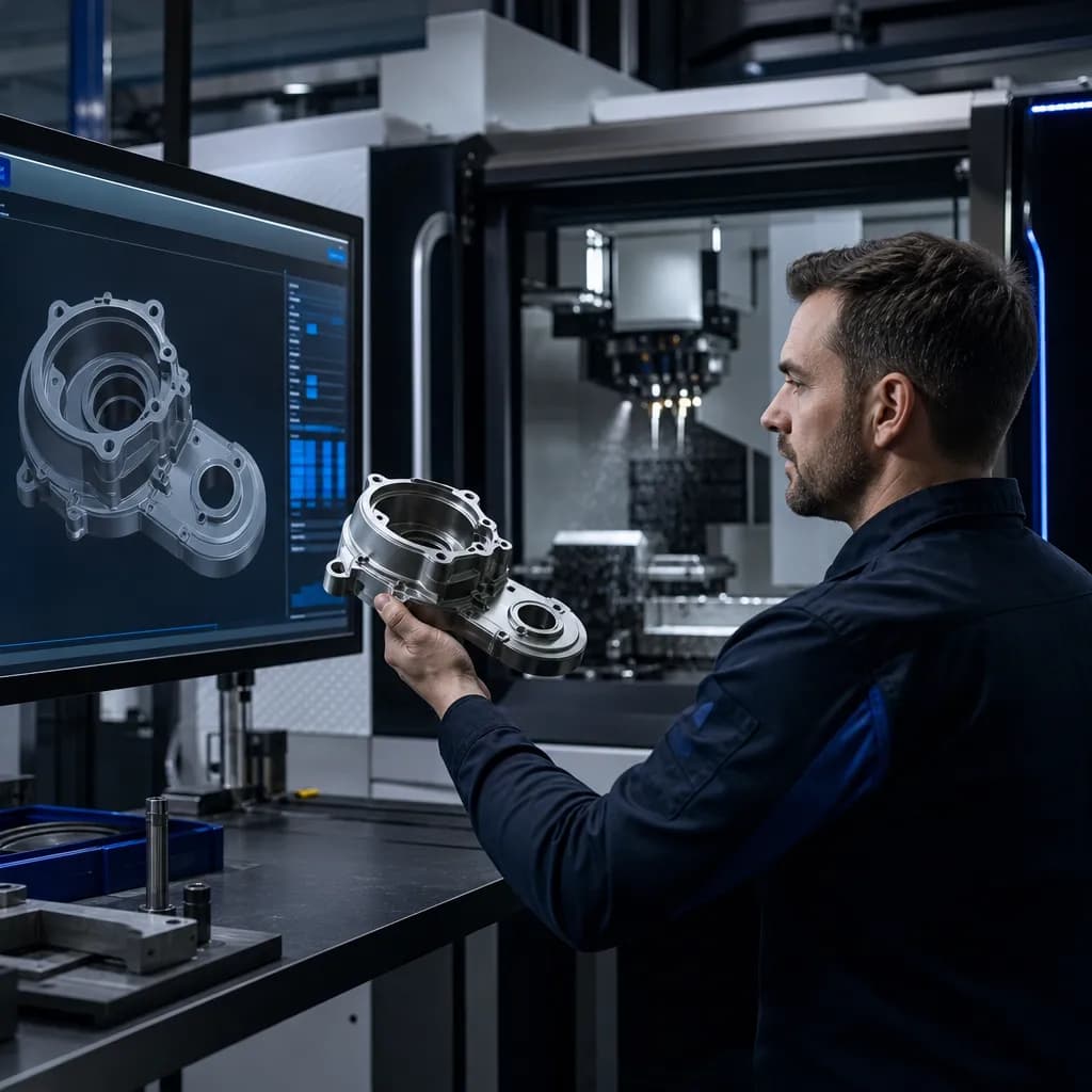 Manufacturing engineer compares a 3D CAD model with a finished component on the production floor.