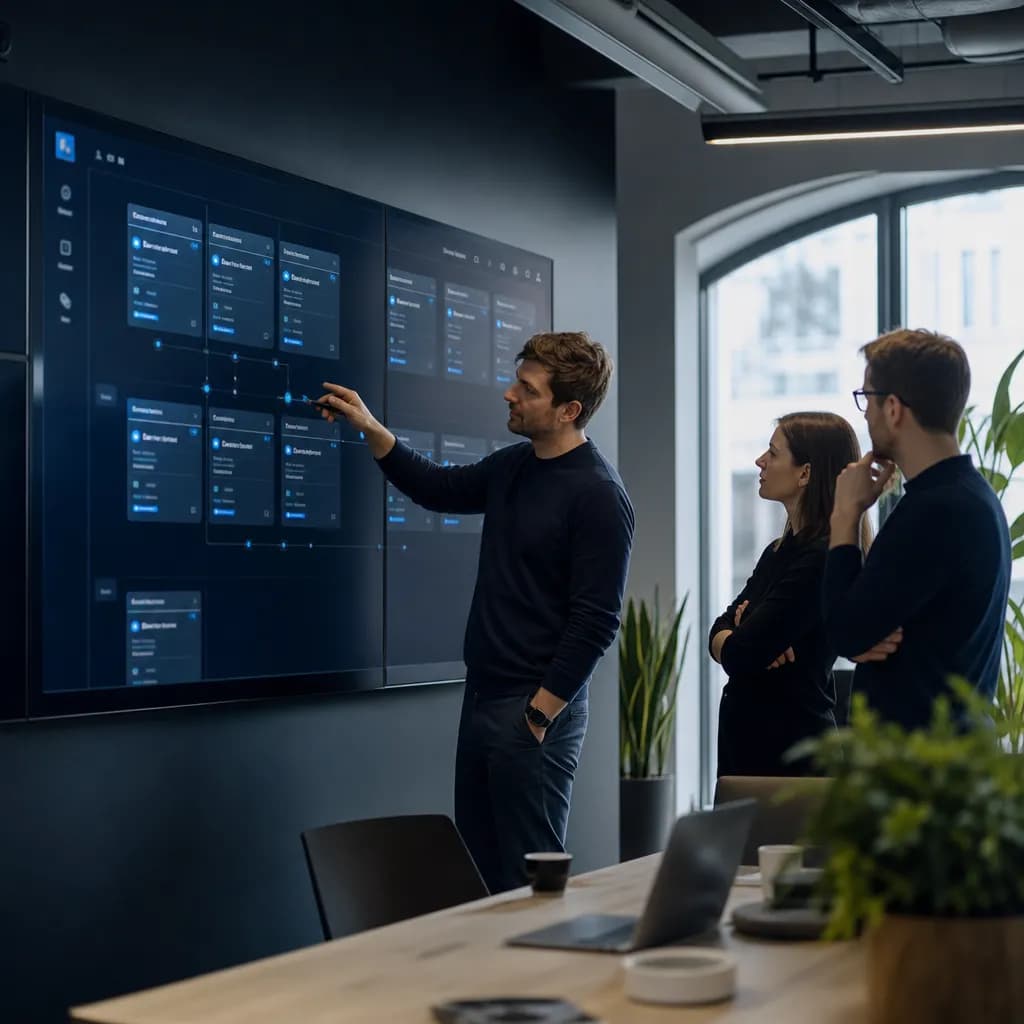 Team reviews shared workflows and cross-department tasks on a business operating system.