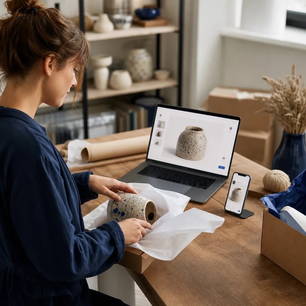 Online store owner packs an order beside the storefront displayed on a laptop and phone.