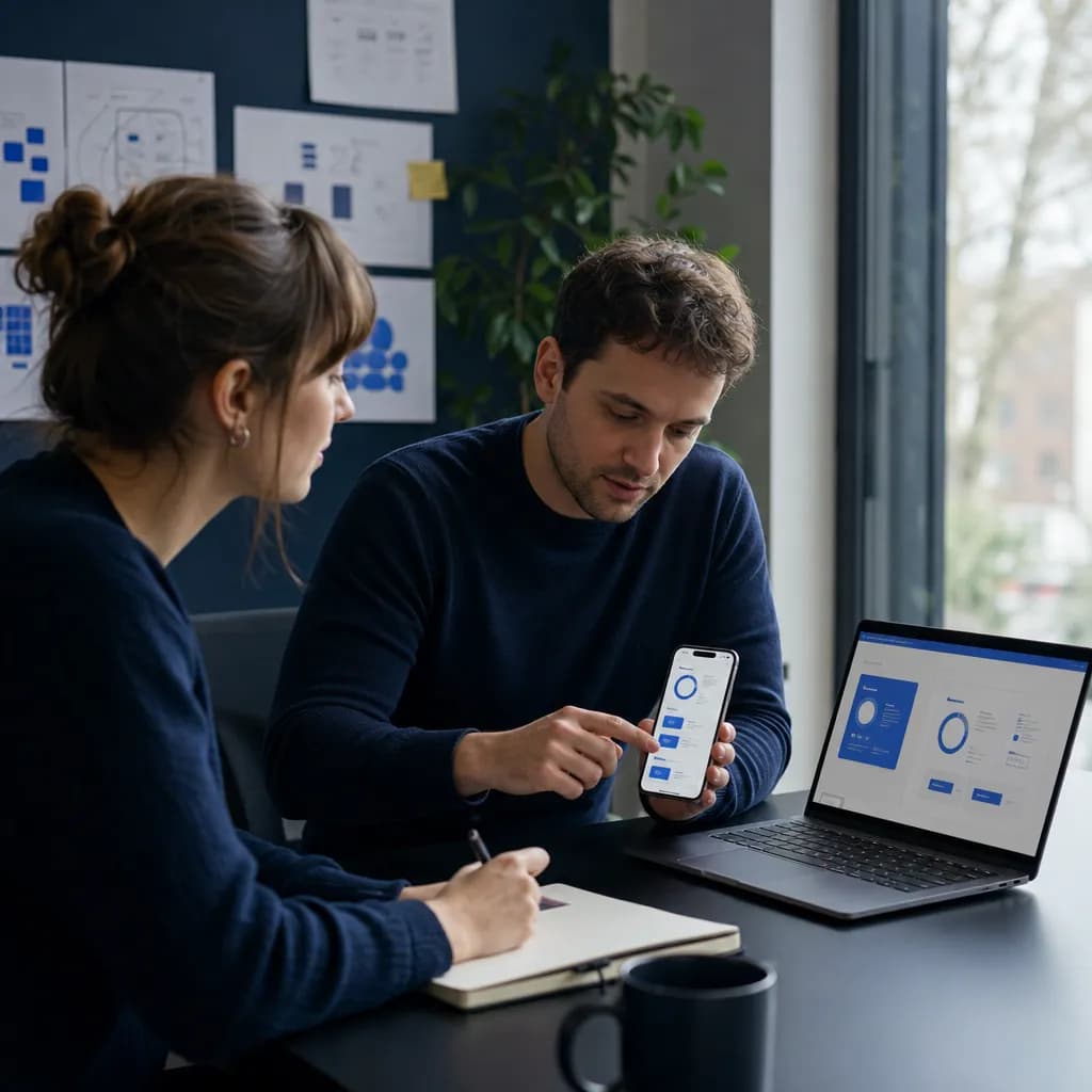 User tests a mobile app while a product designer reviews its web version on a laptop.