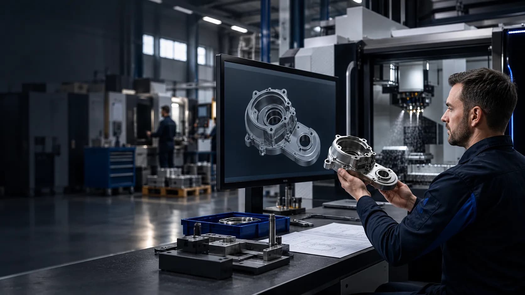 An engineer compares a 3D CAD model with a metal component on a factory floor.