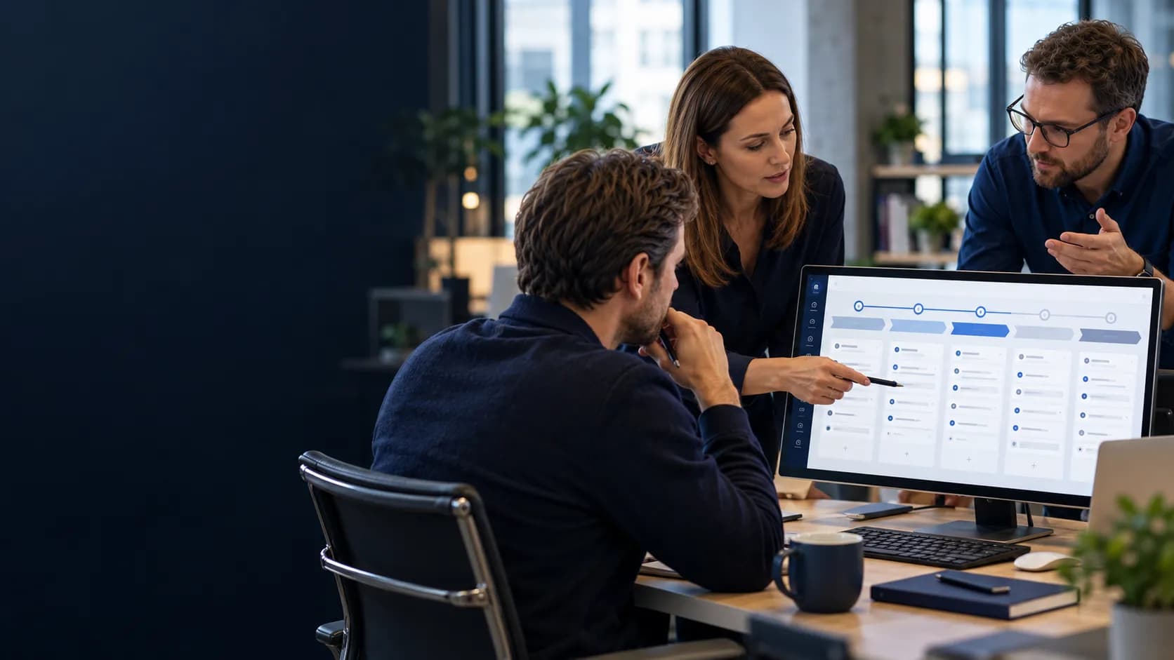Sales and delivery colleagues review customer stages in a CRM system.