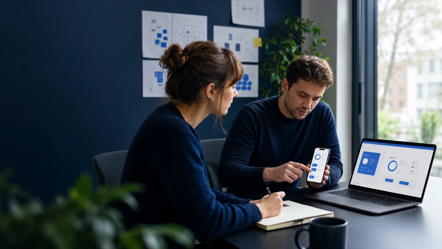 A user tests a mobile app while a designer reviews its web version on a laptop.
