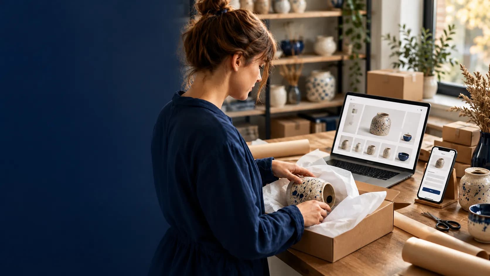 A business owner packs an online store order beside a laptop and smartphone.