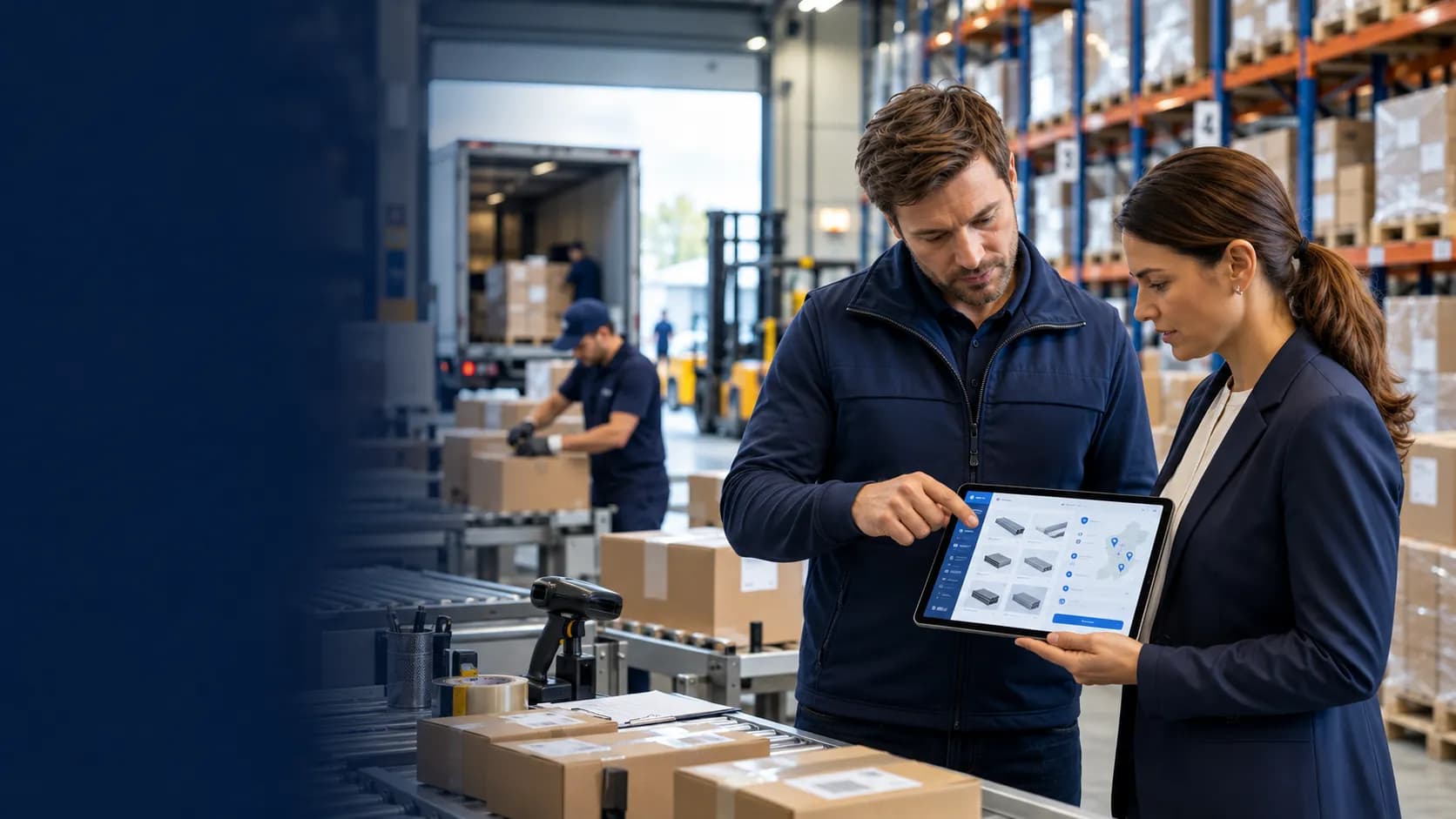 A manufacturer and distributor review a B2B order in a warehouse.