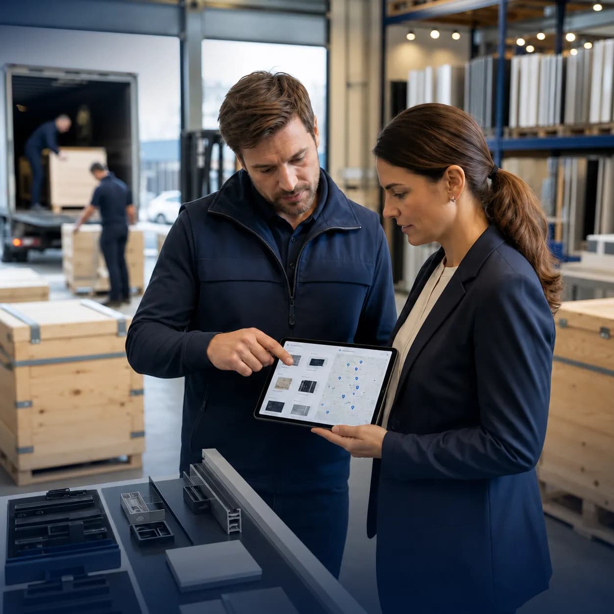 A manufacturer and distributor review a B2B order on a tablet in a warehouse.