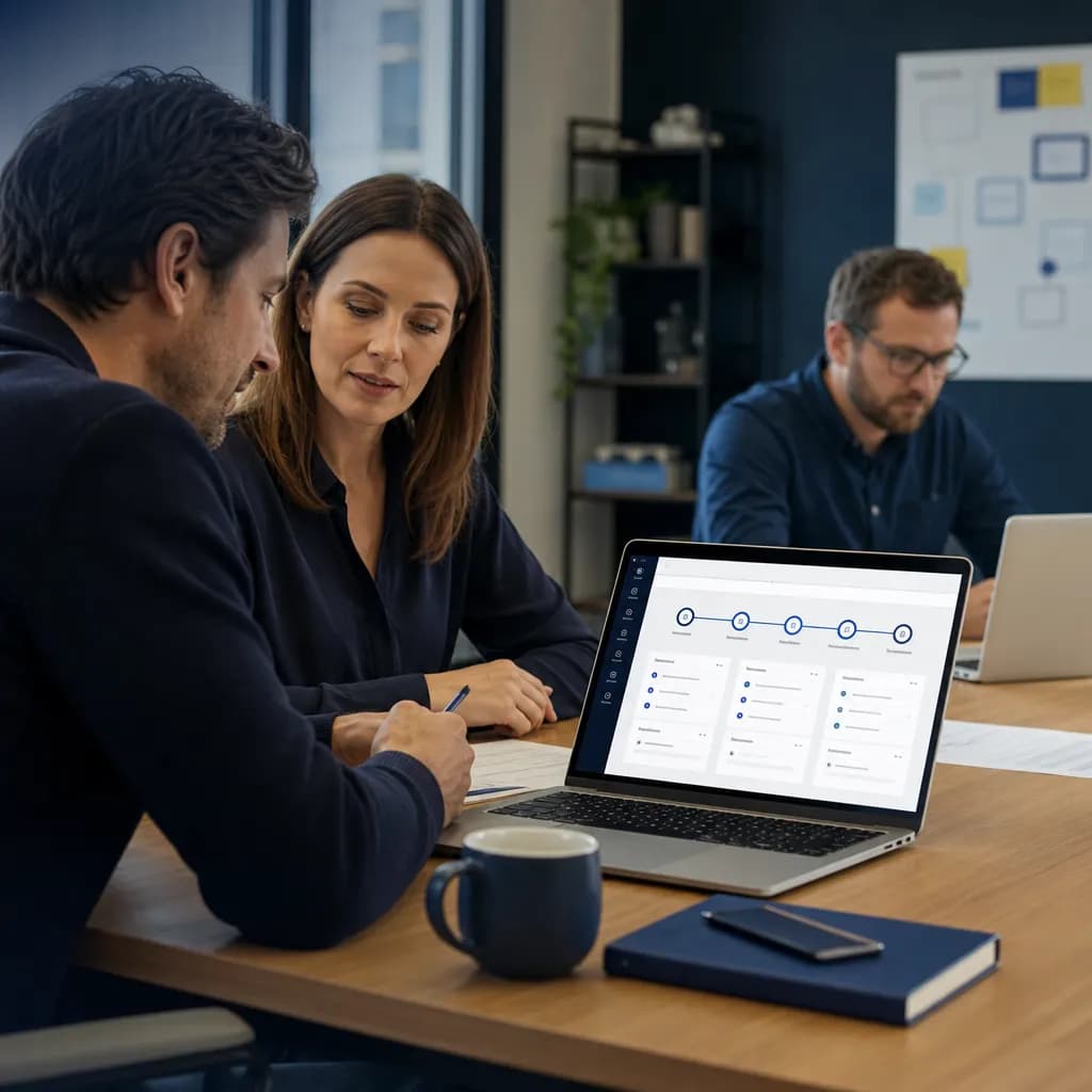 Account manager and client review sales and service delivery stages in a CRM.